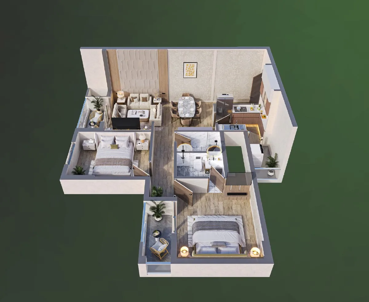 Isometric plan of the 2 BHK residence