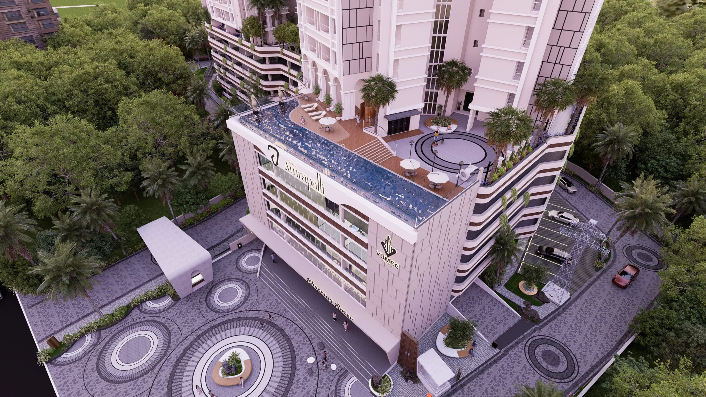 Aerial view of the Amrapalli podium with the infinity pool and landscaped plaza