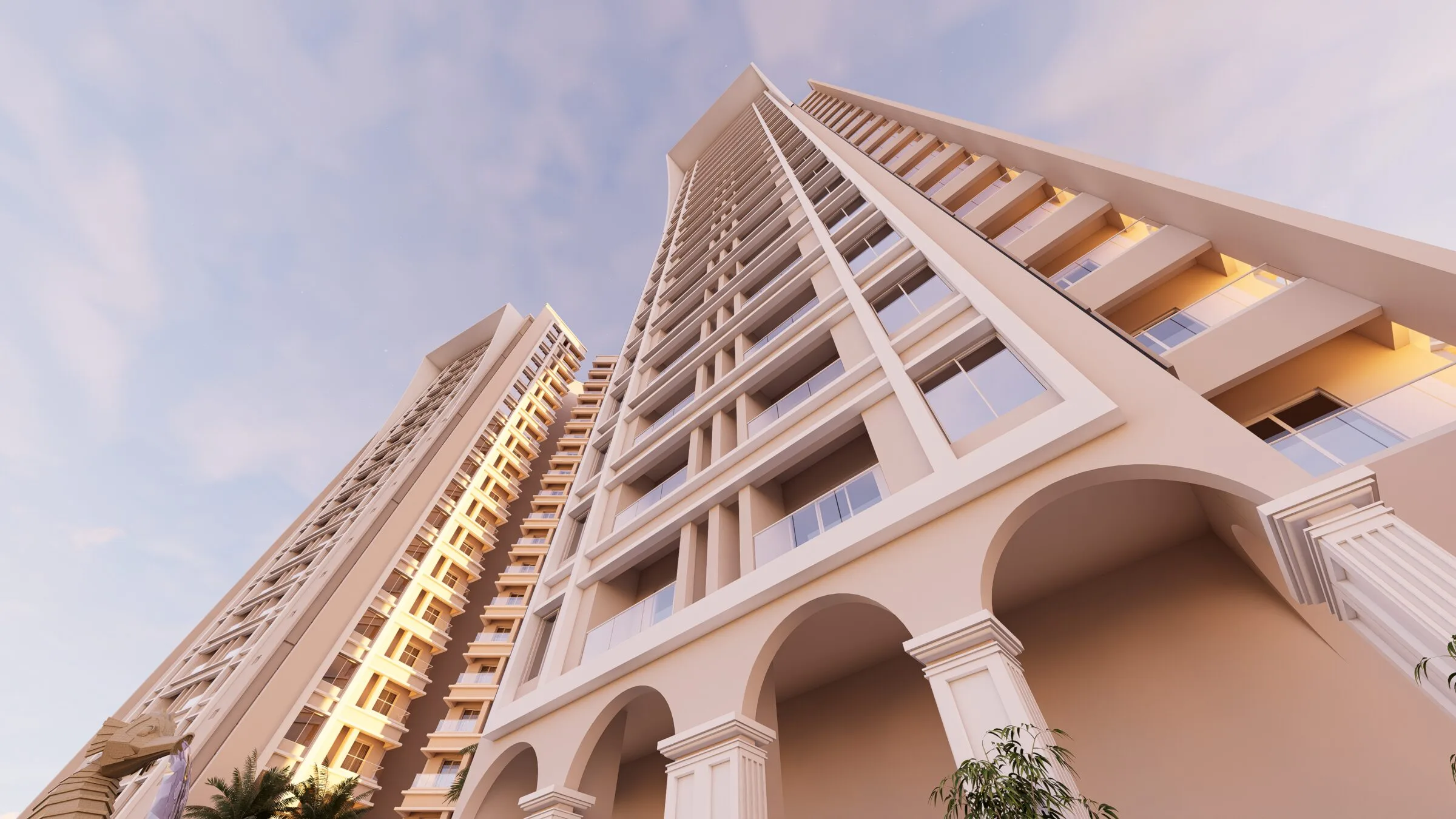 Dramatic low-angle view of the Vumee Amrapalli tower with the arched podium base