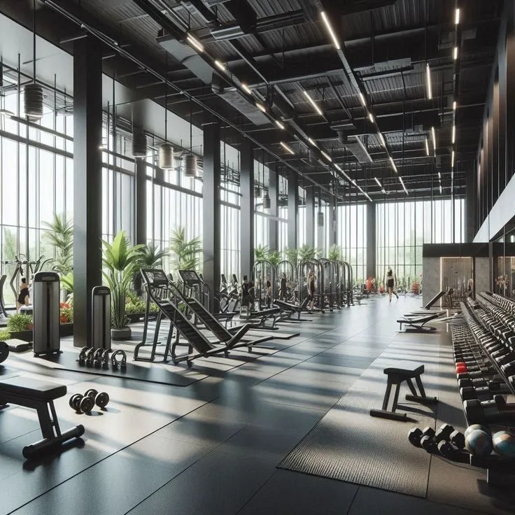 Fully-equipped gymnasium with floor-to-ceiling glass