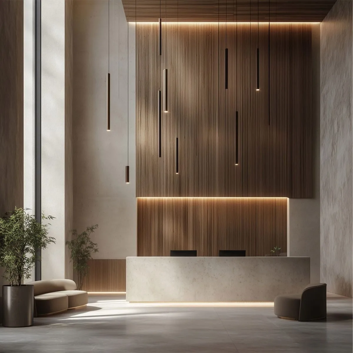 Warm-wood hotel-inspired reception lobby at Vumee Amrapalli